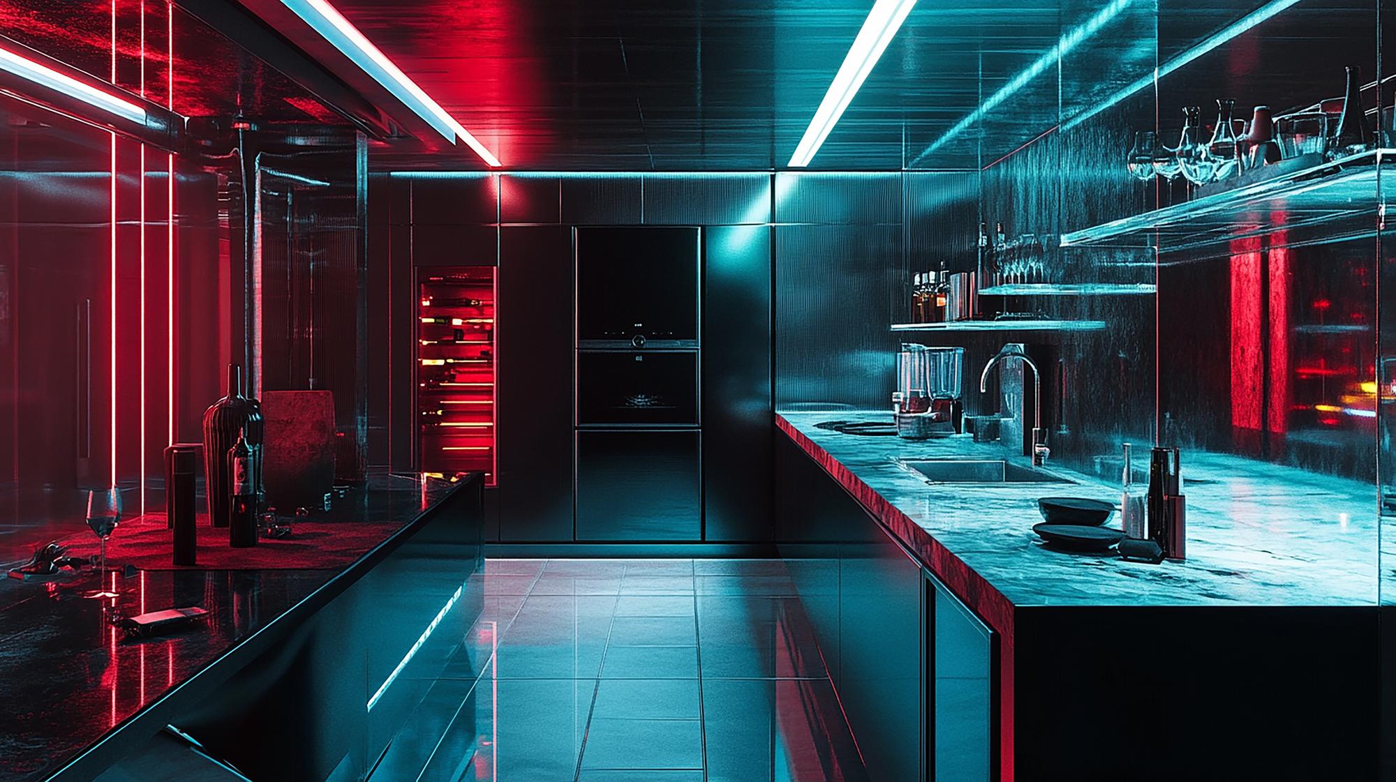 Workshop kitchen with modular equipment and neon accents