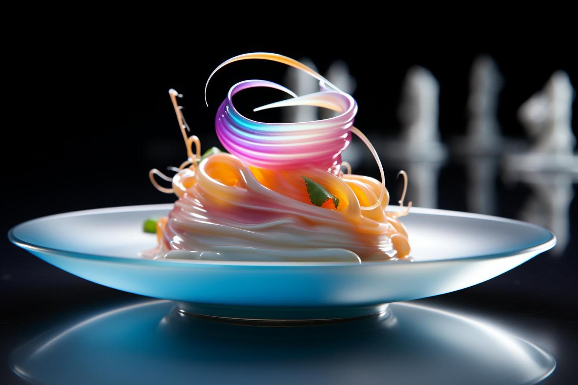 Large editorial: plated tasting menu in neon-lit kitchen